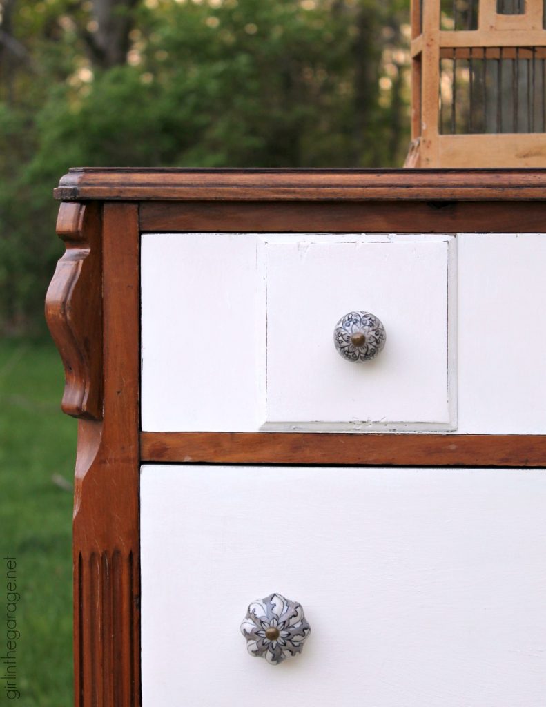 DIY Thrifted antique dresser makeover with stain and Chalk Paint - a two-tone makeover tutorial by Girl in the Garage