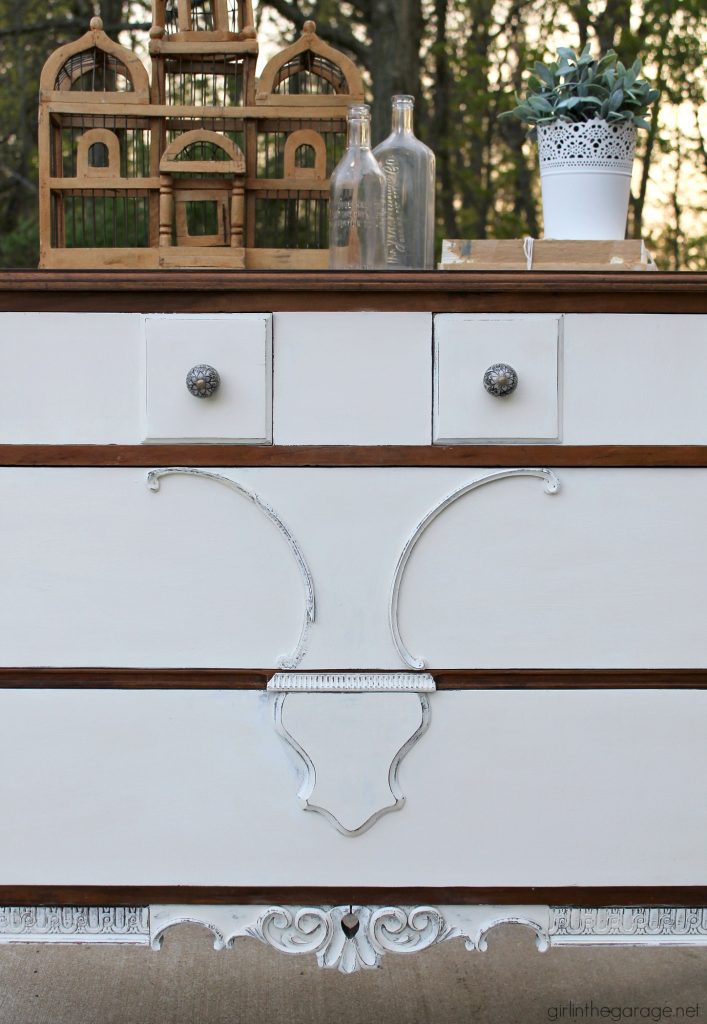 DIY Thrifted antique dresser makeover with stain and Chalk Paint - a two-tone makeover tutorial by Girl in the Garage