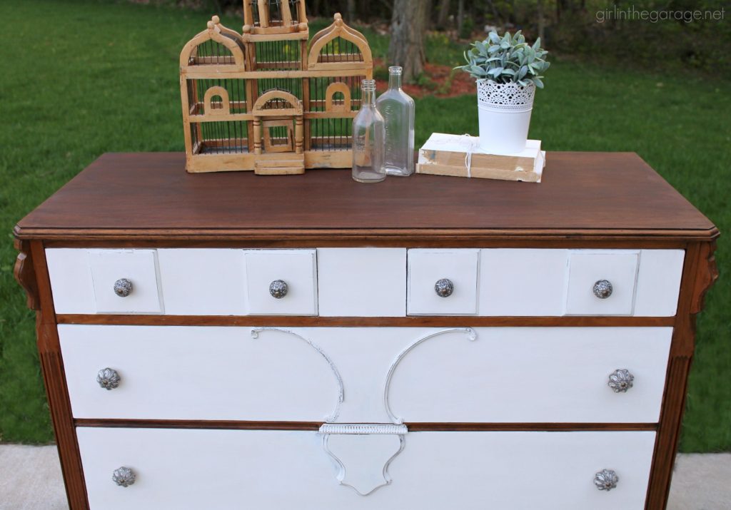 DIY Thrifted antique dresser makeover with stain and Chalk Paint - a two-tone makeover tutorial by Girl in the Garage