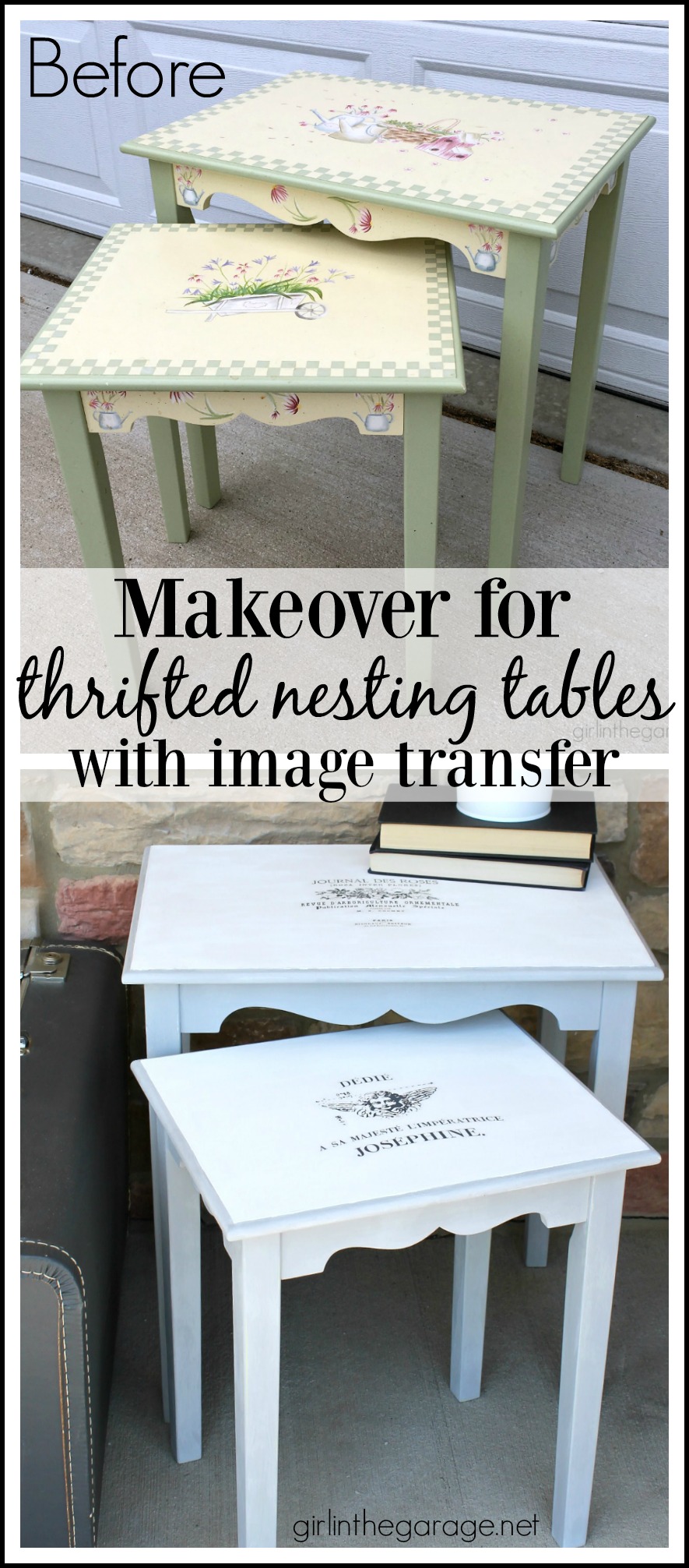 Nesting tables makeover with Chalk Paint and French image transfer. DIY tutorial by Girl in the Garage