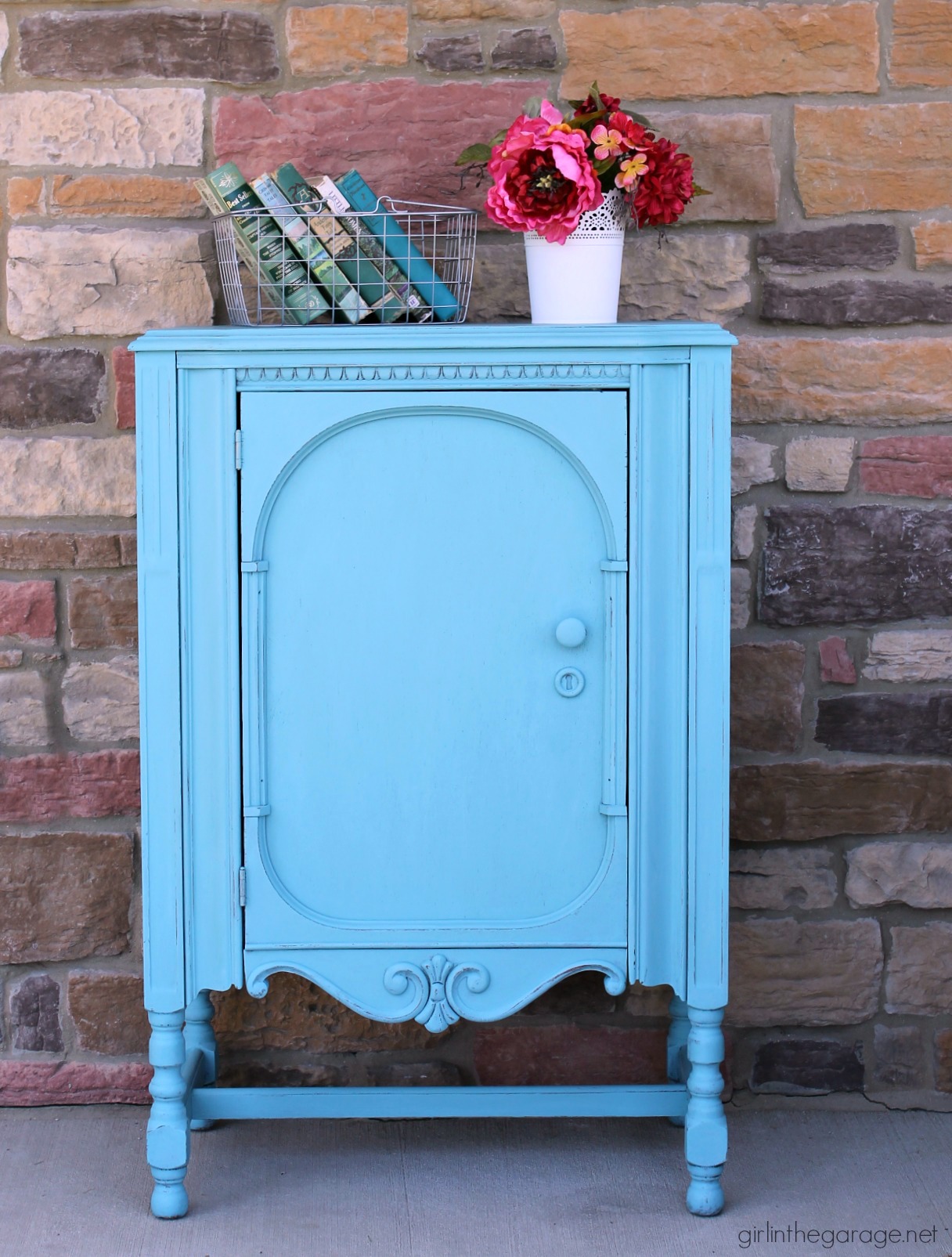 Thrifted repurposed radio cabinet makeover to storage cabinet with shelves. Annie Sloan Chalk Paint in Provence turquoise. DIY tutorial by Girl in the Garage.