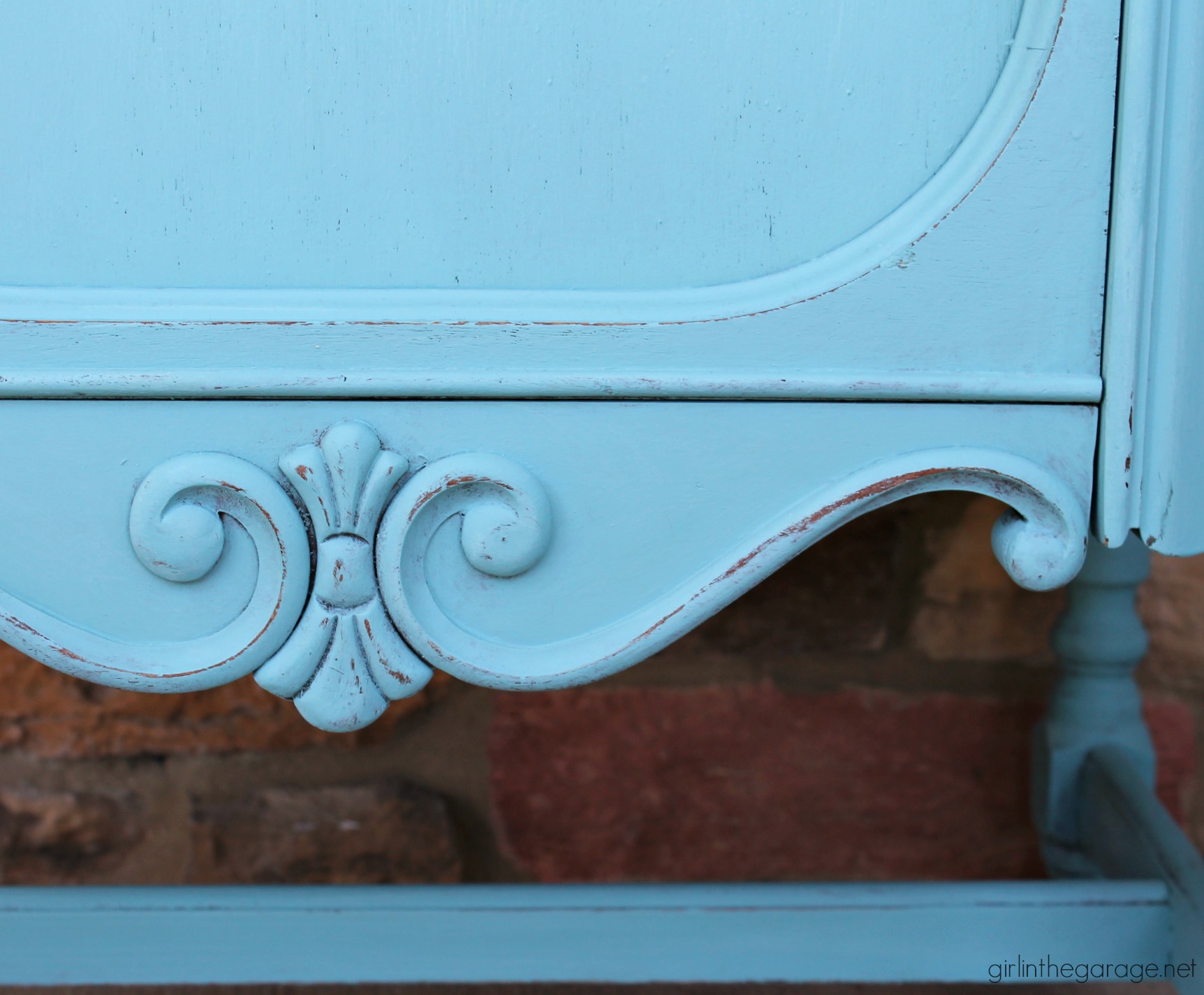 Thrifted repurposed radio cabinet makeover to storage cabinet with shelves. Annie Sloan Chalk Paint in Provence turquoise. DIY tutorial by Girl in the Garage.