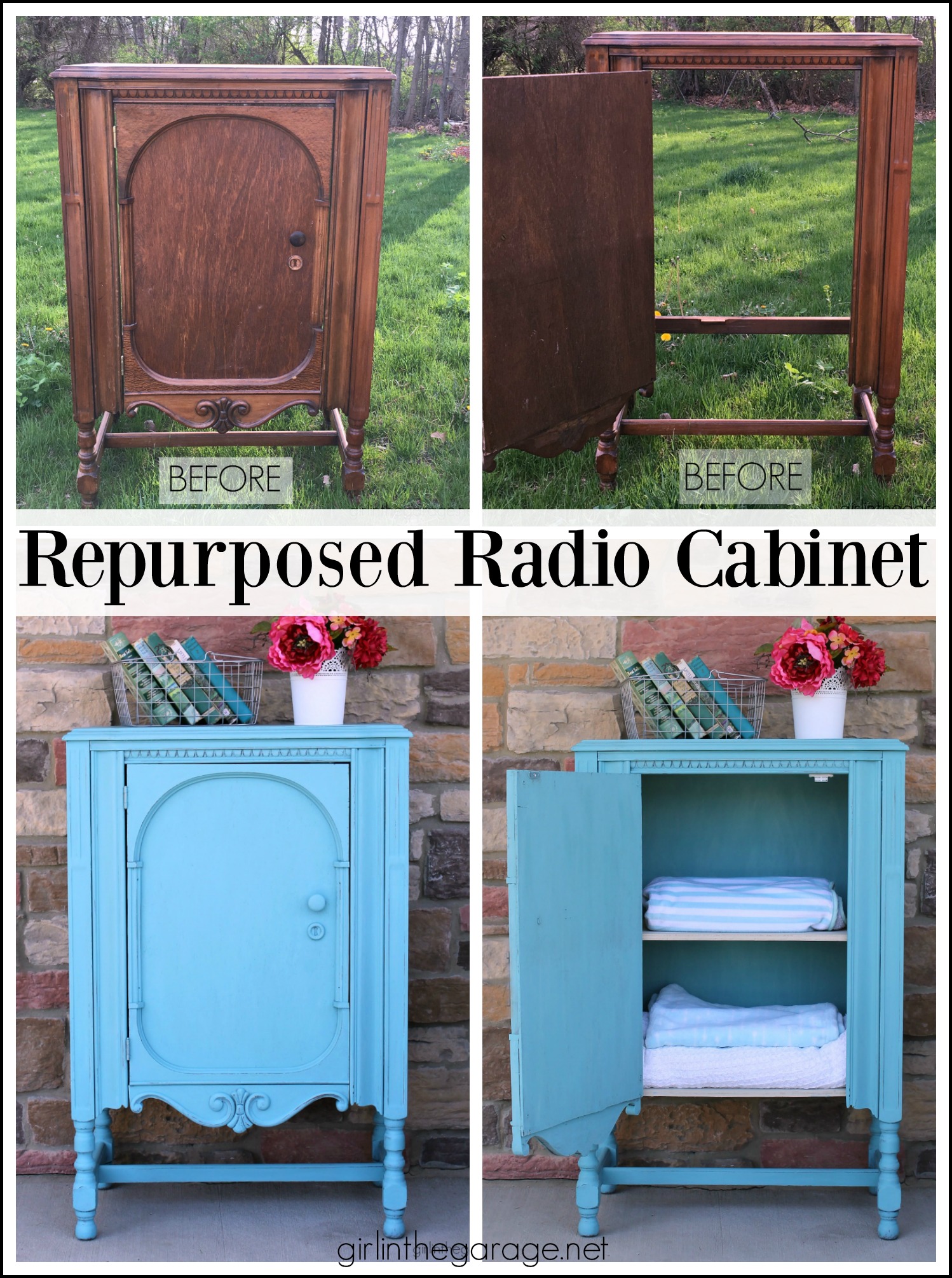 Thrifted repurposed radio cabinet makeover to storage cabinet with shelves. Painted in Annie Sloan Chalk Paint in Provence turquoise. DIY tutorial by Girl in the Garage.