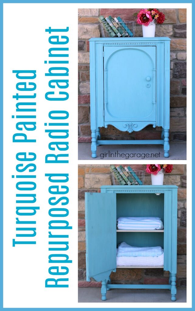 Thrifted radio cabinet makeover to storage cabinet with shelves. Painted in Annie Sloan Chalk Paint in Provence turquoise. DIY tutorial by Girl in the Garage.