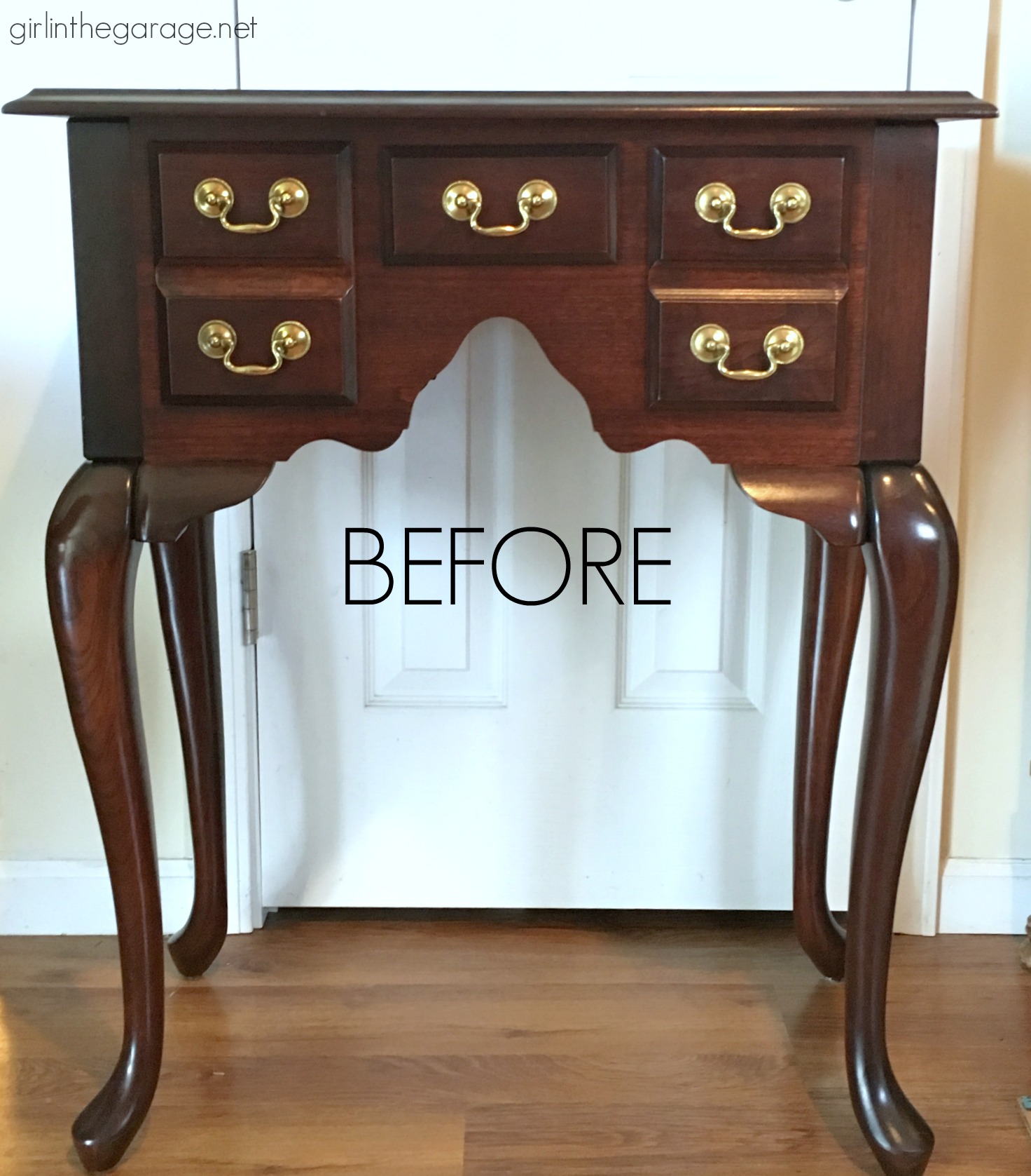 Thrifted console table makeover with Annie Sloan Chalk Paint and decoupage drawers - How to hide ink spills in drawers - DIY tutorial by Girl in the Garage