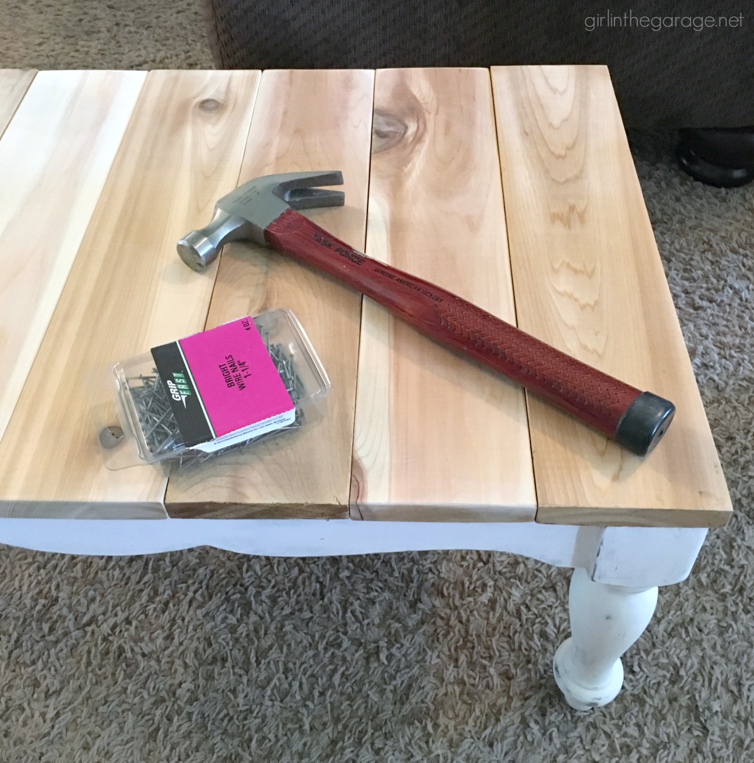 Thrifted repurposed footstool makeover to DIY lap table - How to make a planked table top - How to whitewash the easy way - by Girl in the Garage