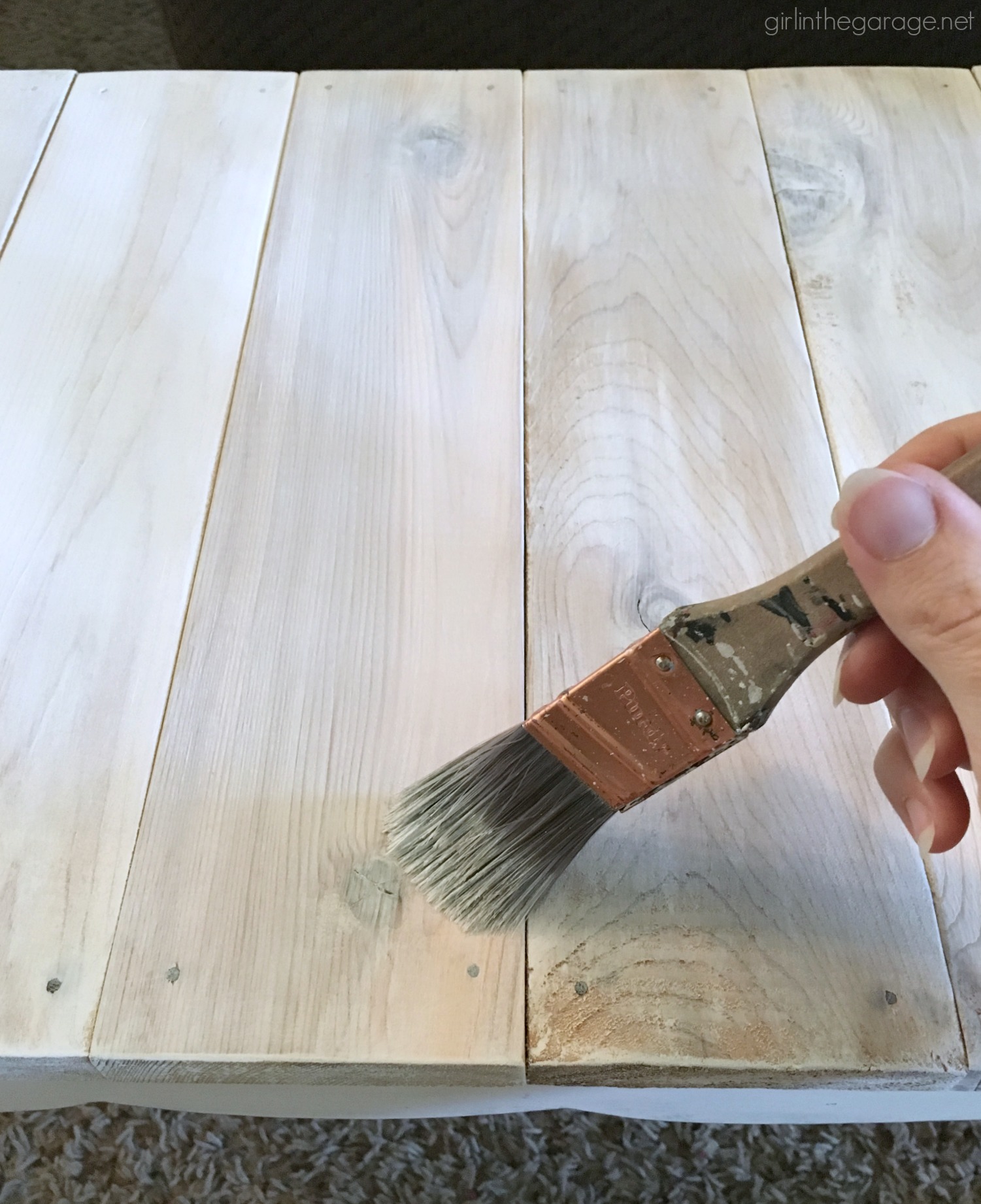 Thrifted repurposed footstool makeover to DIY lap table - How to make a planked table top - How to whitewash the easy way - by Girl in the Garage