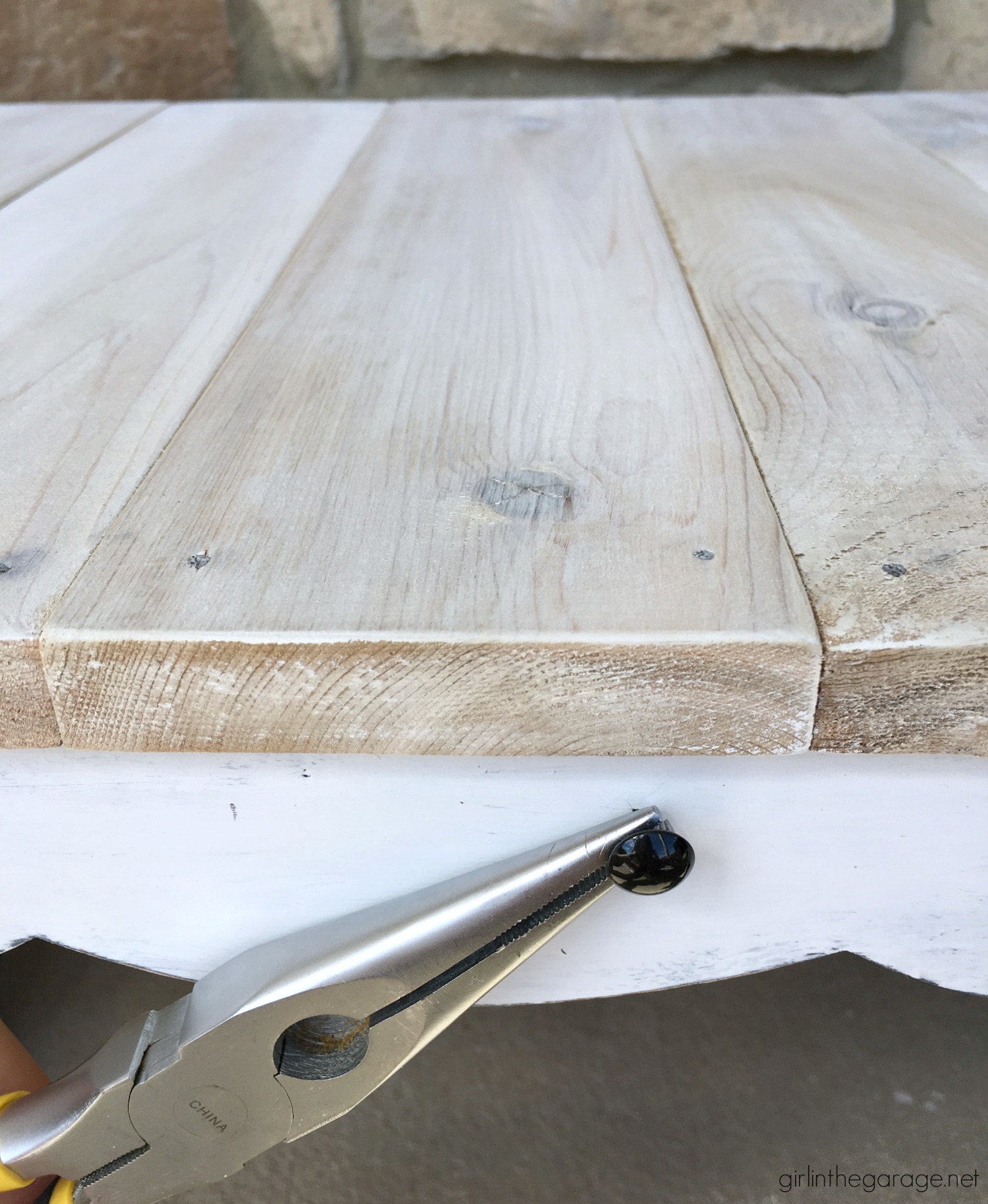 Thrifted repurposed footstool makeover to DIY lap table - How to make a planked table top - How to whitewash the easy way - by Girl in the Garage