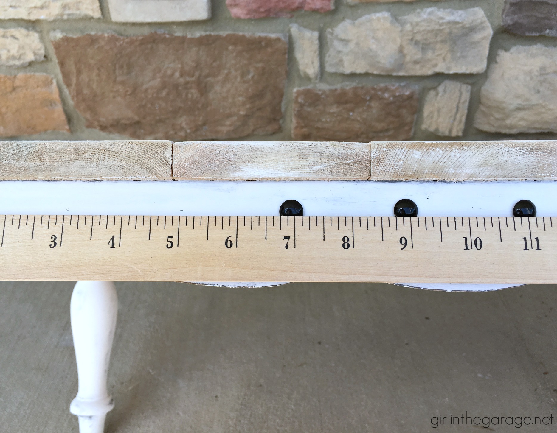 Thrifted repurposed footstool makeover to DIY lap table - How to make a planked table top - How to whitewash the easy way - by Girl in the Garage