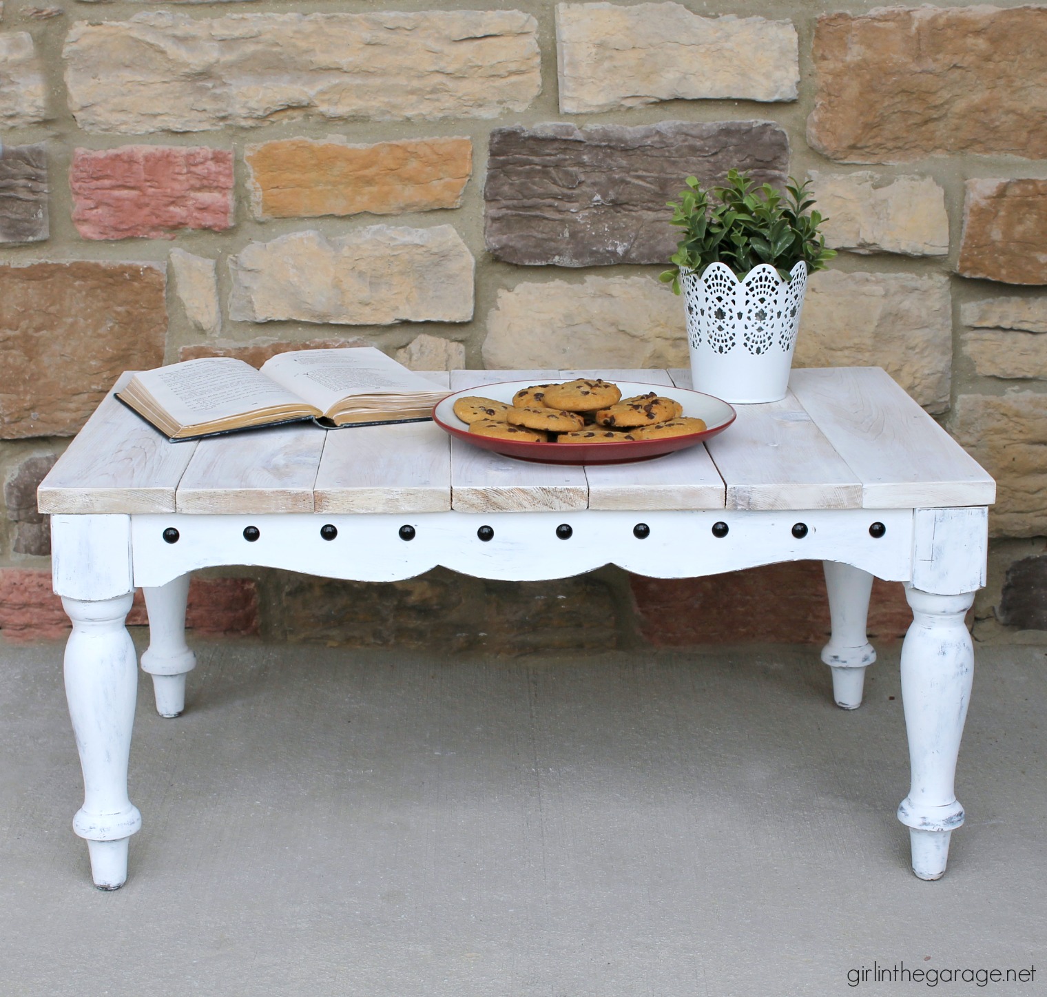 Thrifted repurposed footstool makeover to DIY lap table - How to make a planked table top - How to whitewash the easy way - by Girl in the Garage