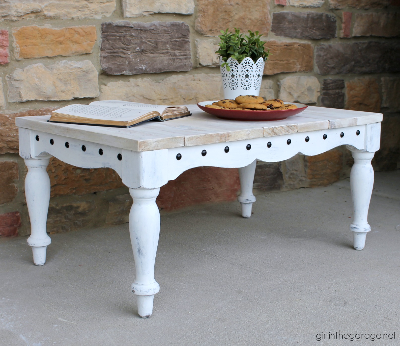 Thrifted repurposed footstool makeover to DIY lap table - How to make a planked table top - How to whitewash the easy way - by Girl in the Garage