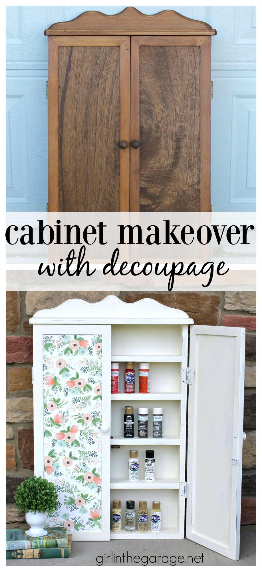 Yard sale cabinet makeover with decoupage - Girl in the Garage