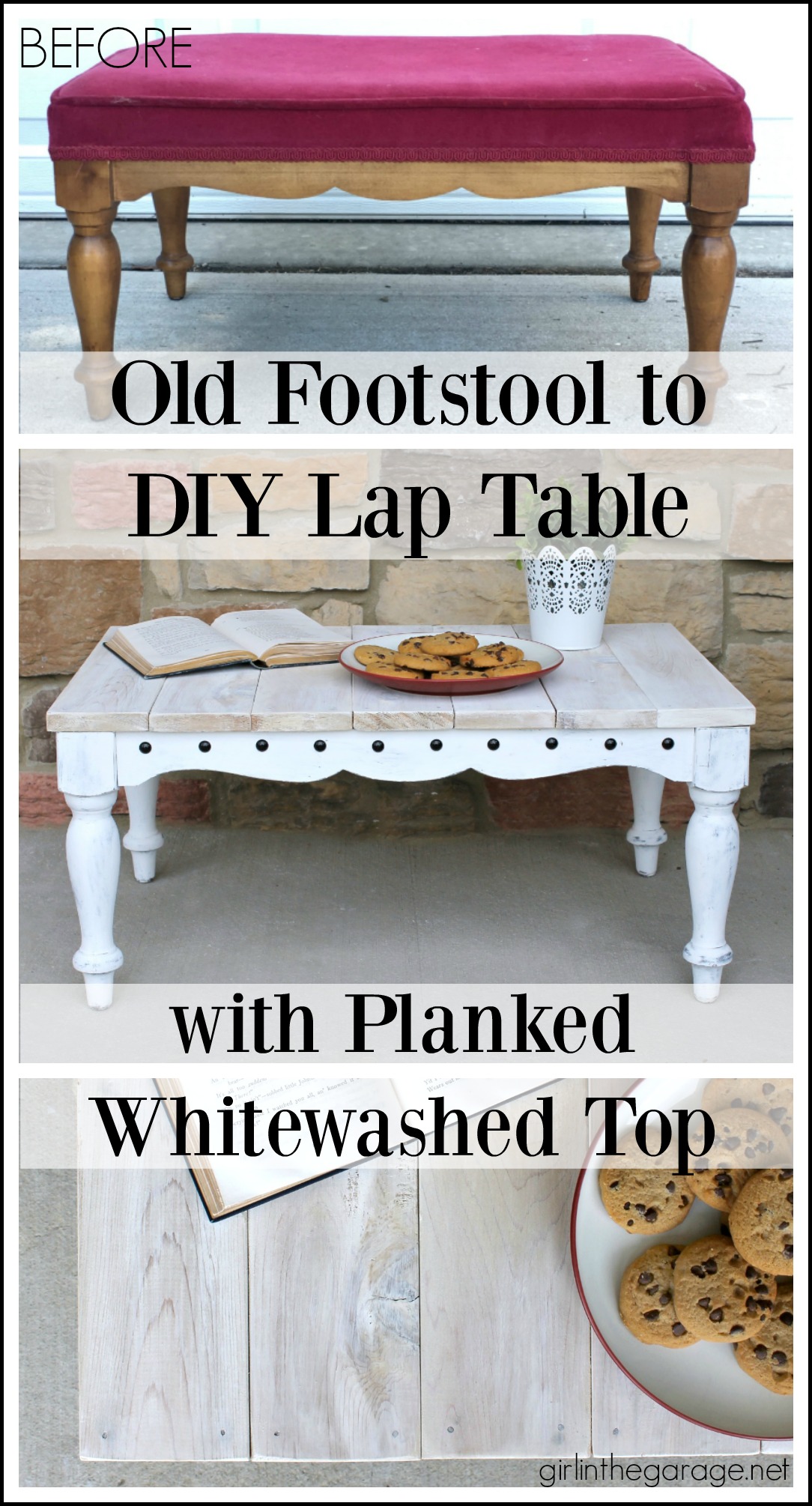 Thrifted repurposed footstool makeover to DIY lap table - How to make a planked table top - How to whitewash the easy way - by Girl in the Garage