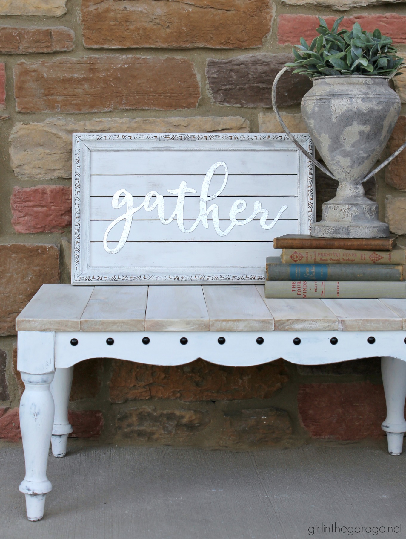 Thrifted art makeover repurposed into a planked farmhouse Gather sign. Easy DIY home decor tutorial by Girl in the Garage.