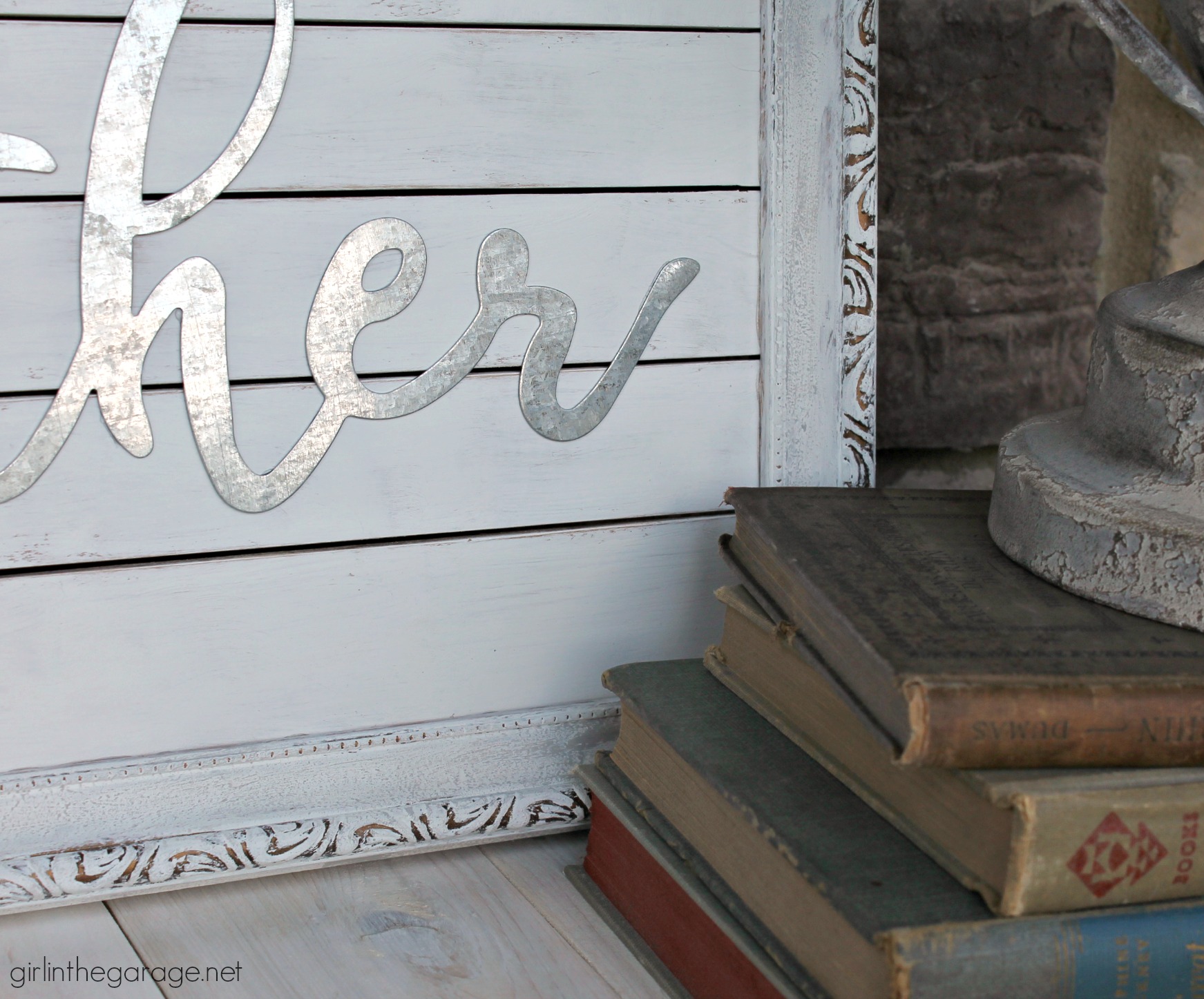 Thrifted art makeover repurposed into a planked farmhouse Gather sign. Easy DIY home decor tutorial by Girl in the Garage.