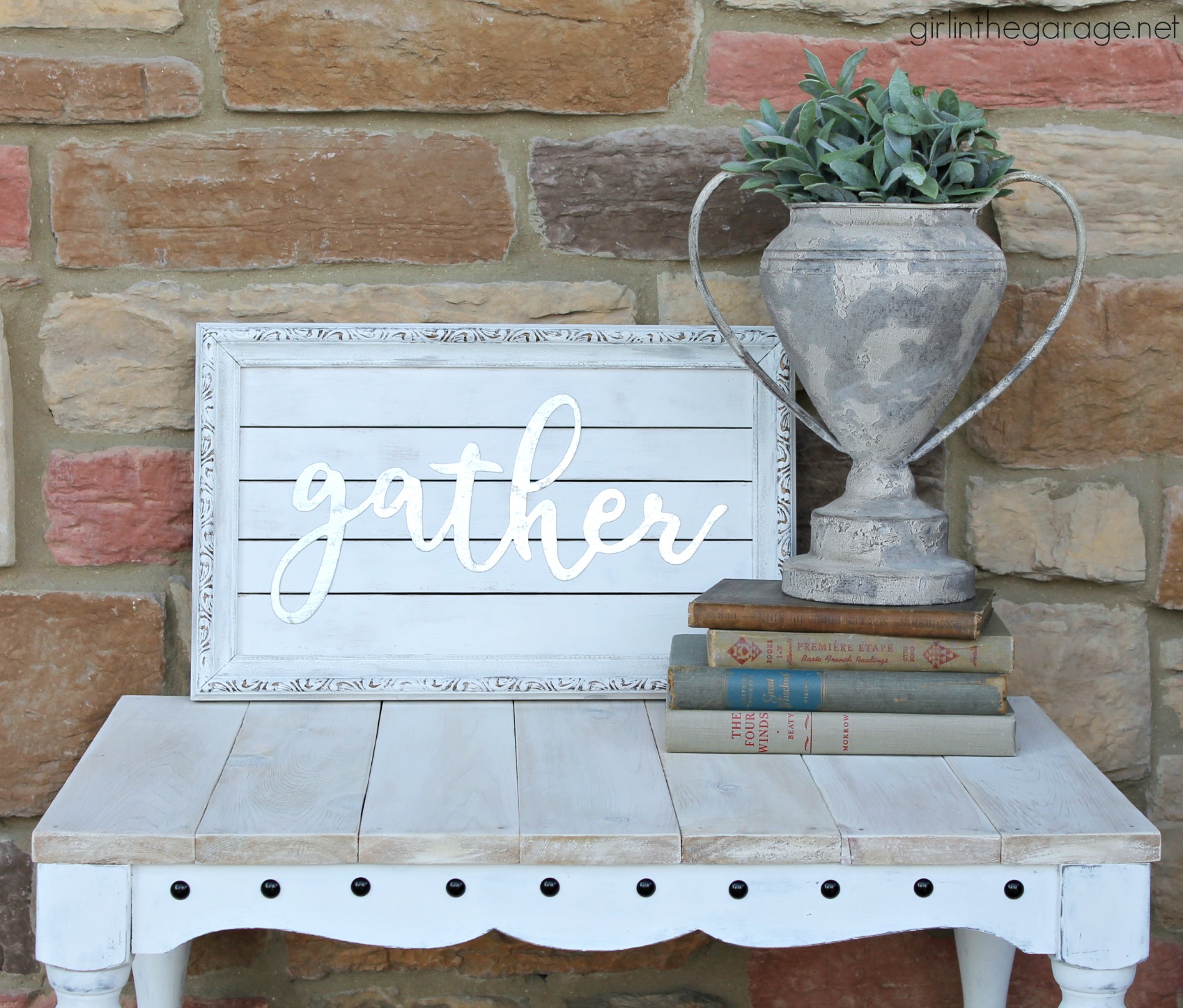 Thrifted art makeover repurposed into a planked farmhouse Gather sign. Easy DIY home decor tutorial by Girl in the Garage.