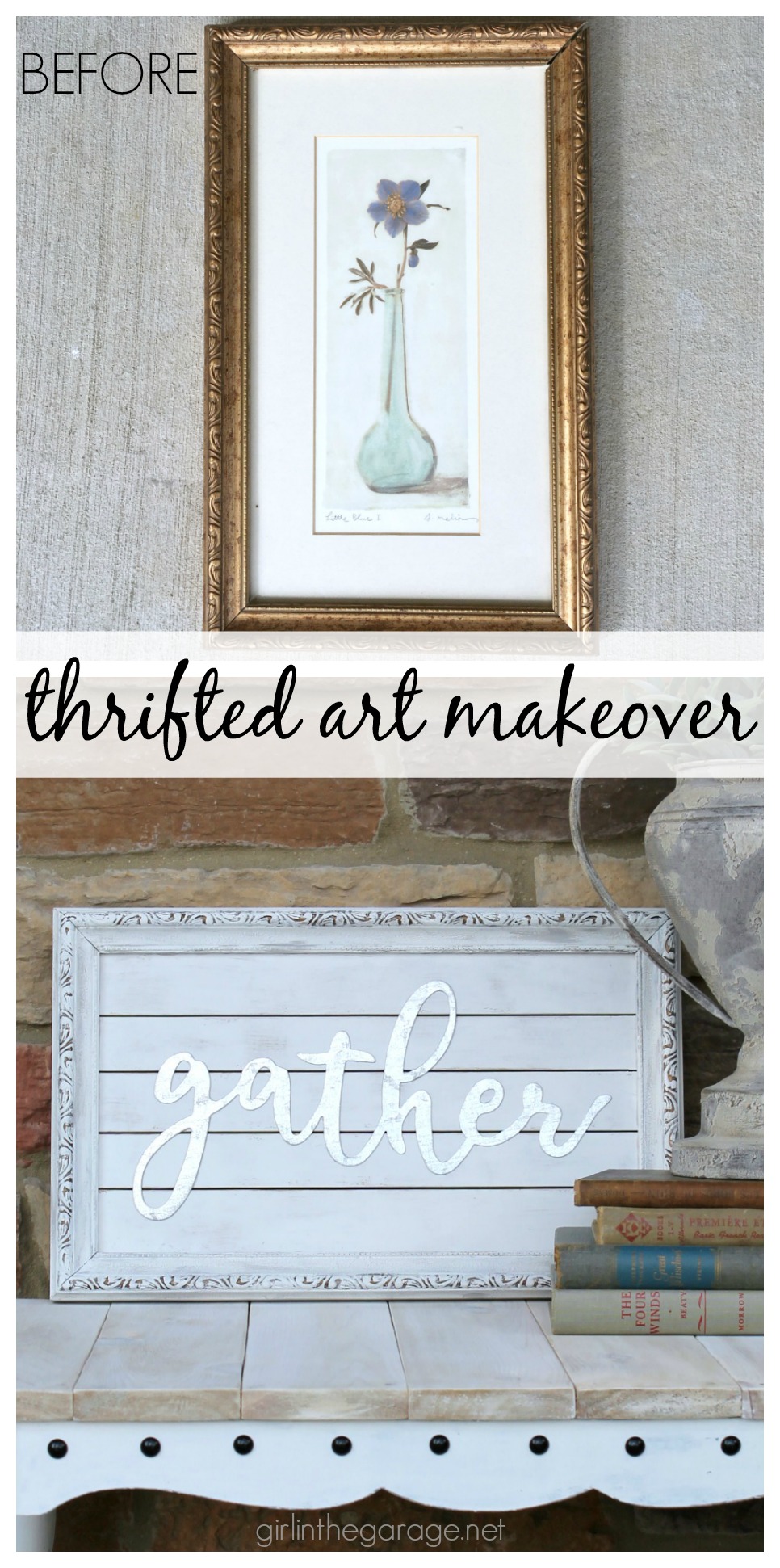 Thrifted art makeover repurposed into a planked farmhouse Gather sign. Easy DIY home decor tutorial by Girl in the Garage.