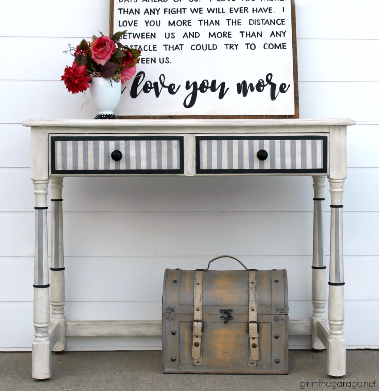 DIY striped table makeover with a modern French look using Annie Sloan Chalk Paint. Easy tutorial by Girl in the Garage
