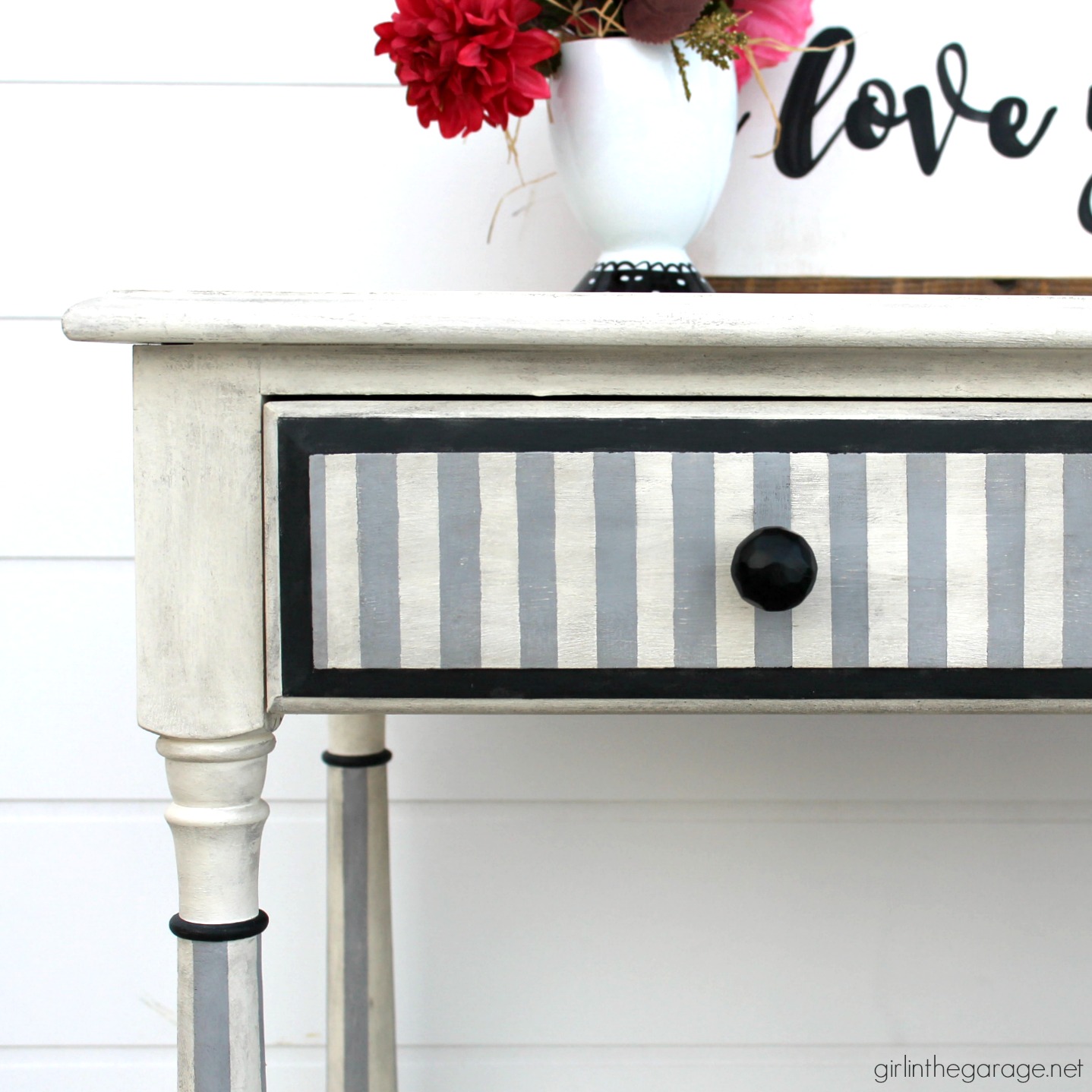 DIY striped table makeover with a modern French look using Annie Sloan Chalk Paint. Easy tutorial by Girl in the Garage