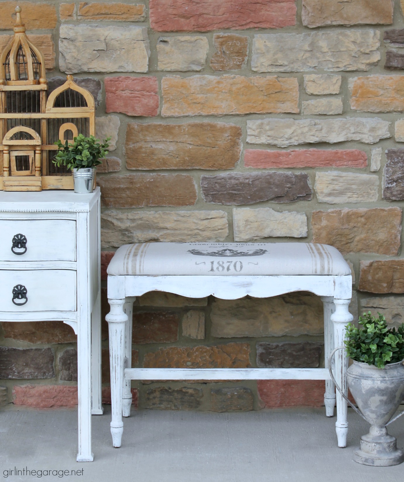 How to make a DIY French grain sack with drop cloth and a stencil - Step by step bench makeover tutorial by Girl in the Garage