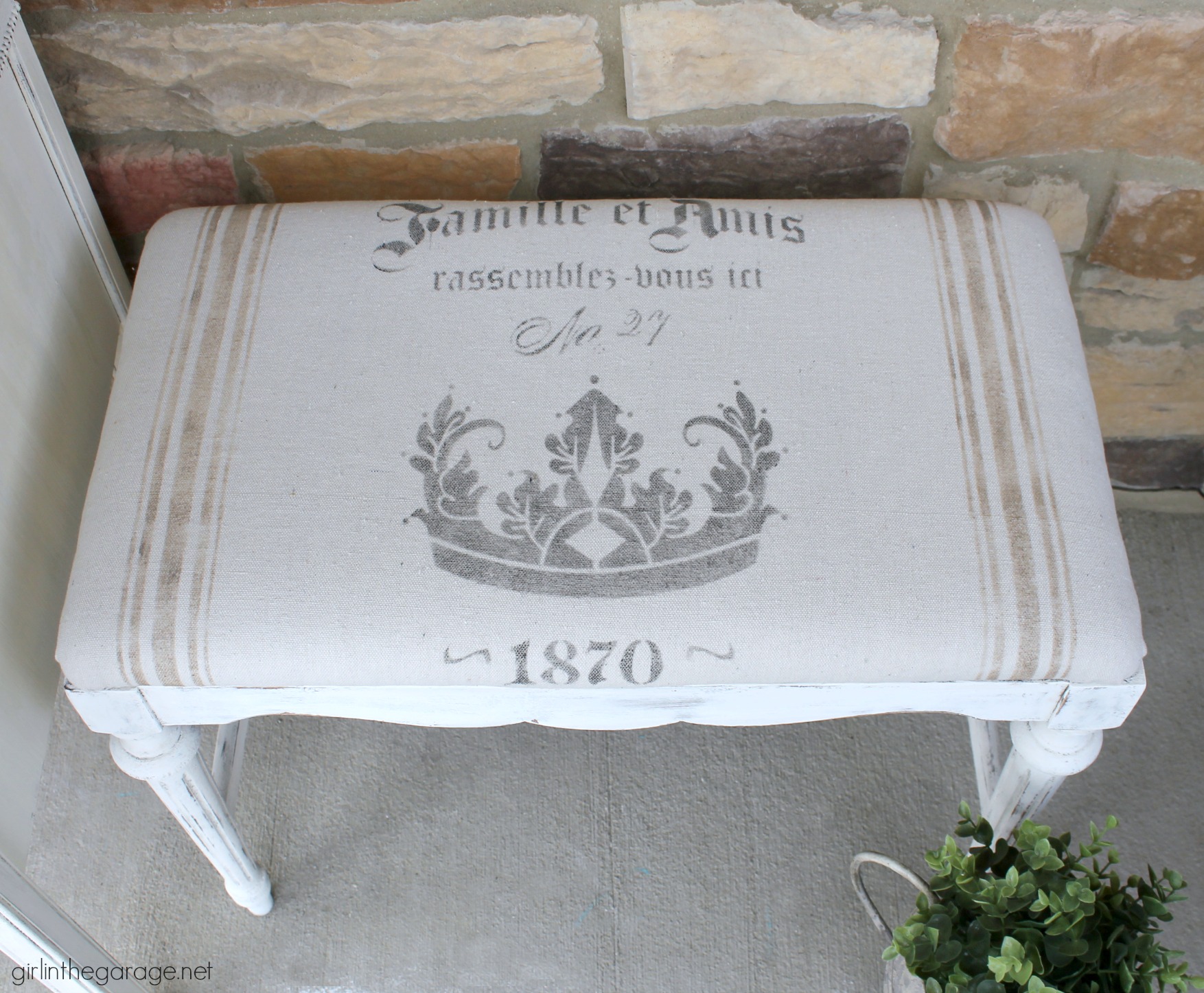 How to make a DIY French grain sack with drop cloth and a stencil - Step by step bench makeover tutorial by Girl in the Garage