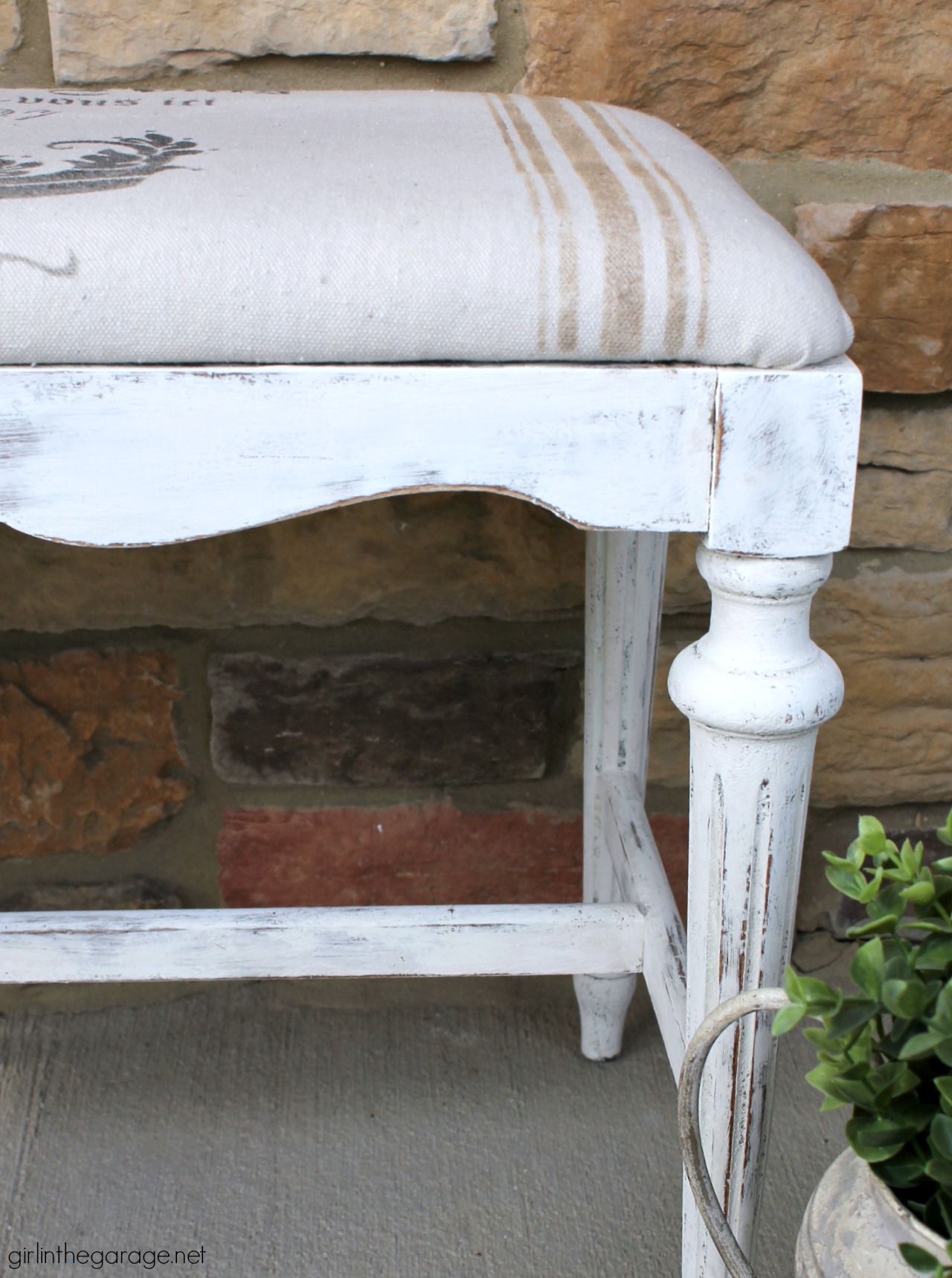 How to make a DIY French grain sack with drop cloth and a stencil - Step by step bench makeover tutorial by Girl in the Garage