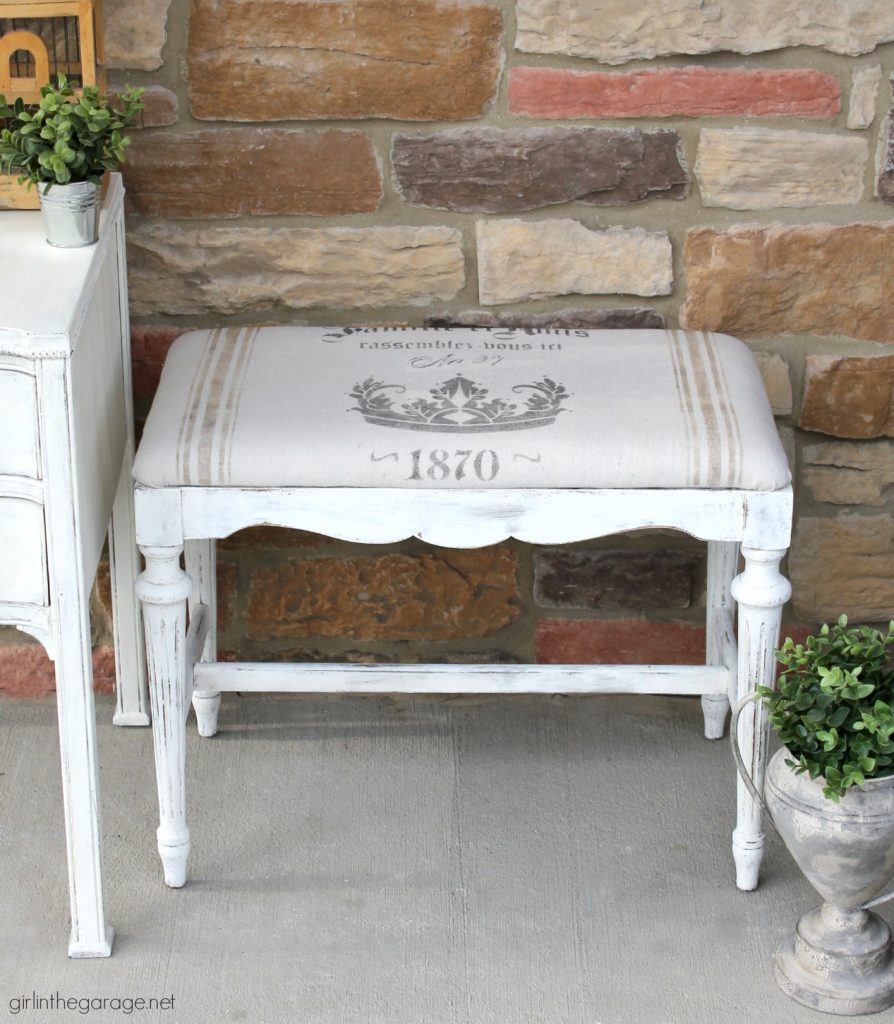 13 Creative DIY bench makeover ideas for your next thrifty furniture makeover project. Tips for upholstery, wood, headboard, and stenciled benches. DIY furniture makeover and decor ideas by Girl in the Garage.