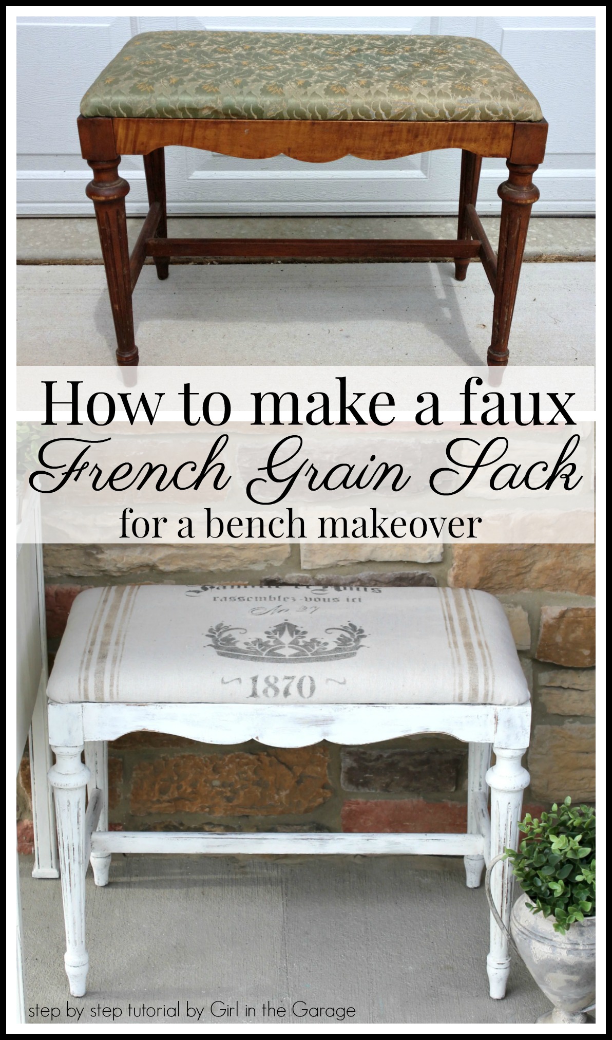 How to make a DIY French grain sack with drop cloth and a stencil - Step by step bench makeover tutorial by Girl in the Garage