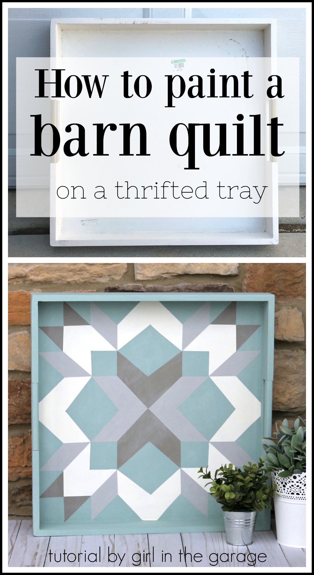 How to paint a barn quilt on a thrifted tray for a beautiful art piece. Step by step DIY tutorial by Girl in the Garage.