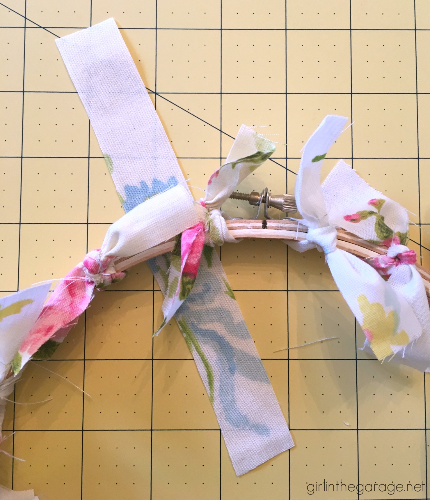 Make an easy DIY rag wreath for spring with vintage fabric - Step-by-step tutorial by Girl in the Garage