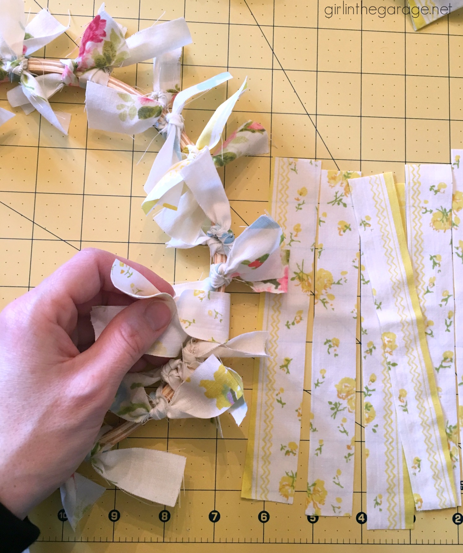 Make an easy DIY rag wreath for spring with vintage fabric - Step-by-step tutorial by Girl in the Garage