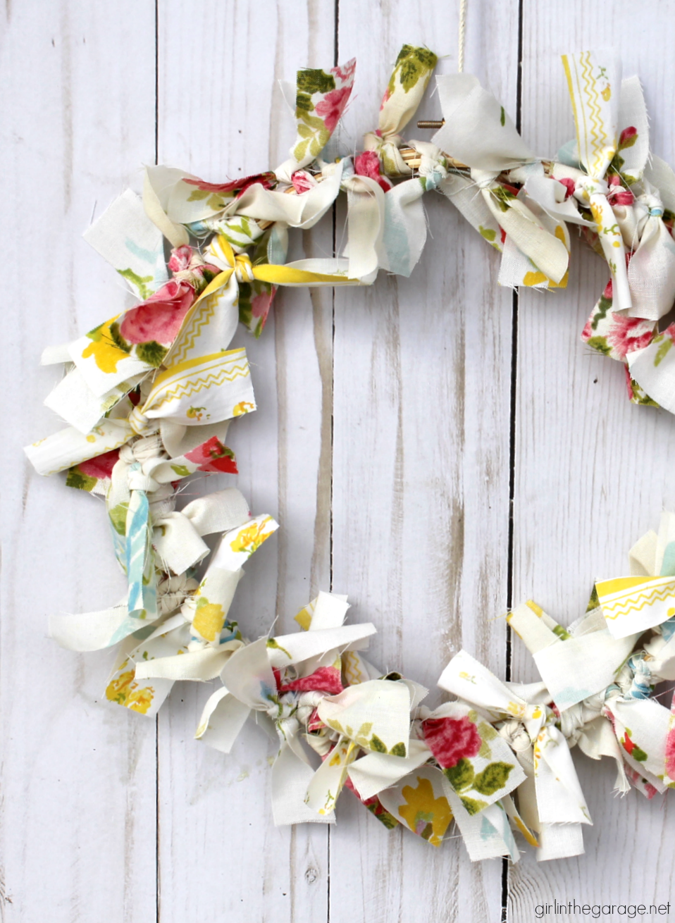 Make an easy DIY rag wreath for spring with vintage fabric - Step-by-step tutorial by Girl in the Garage