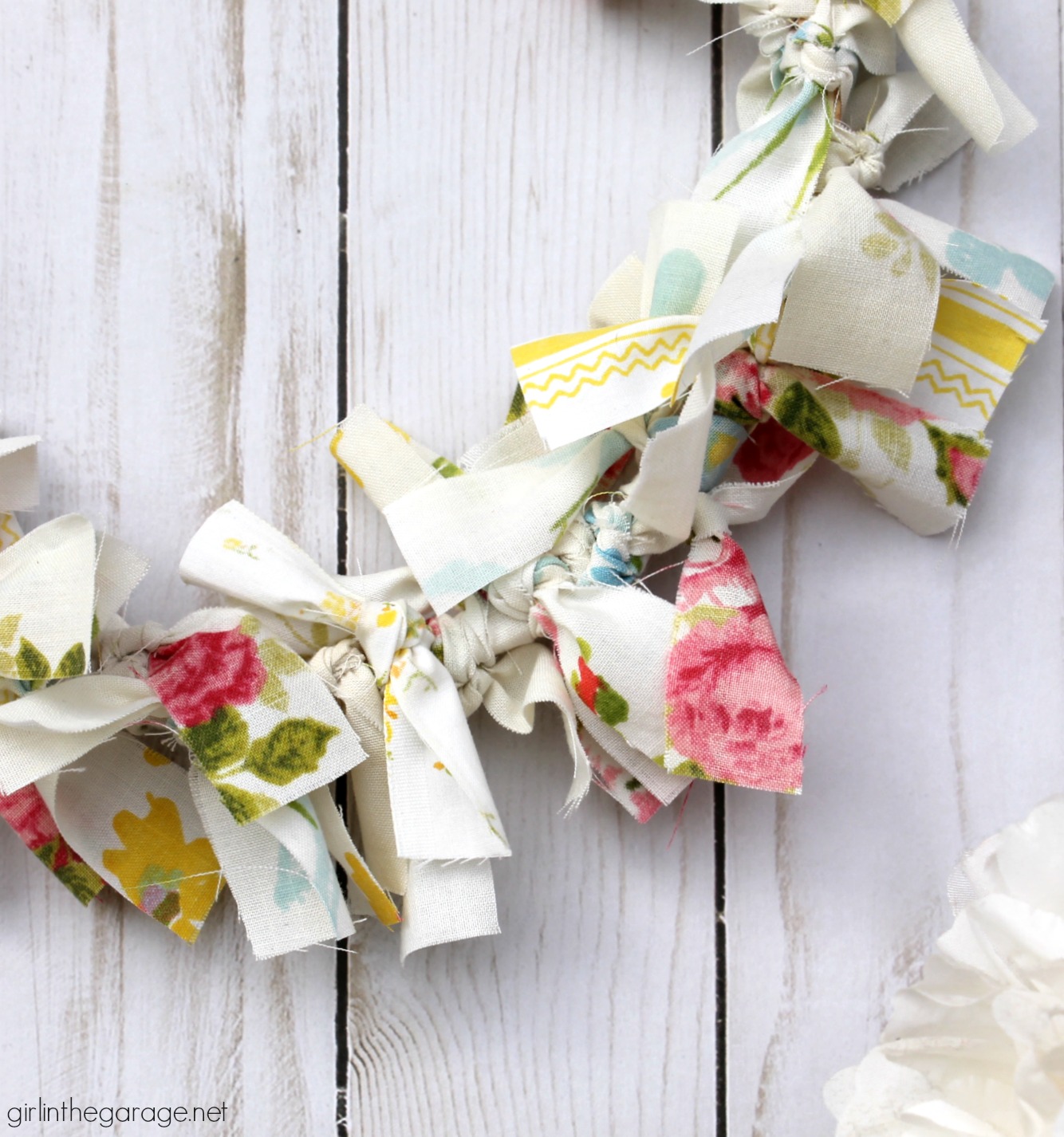 Make an easy DIY rag wreath for spring with vintage fabric - Step-by-step tutorial by Girl in the Garage