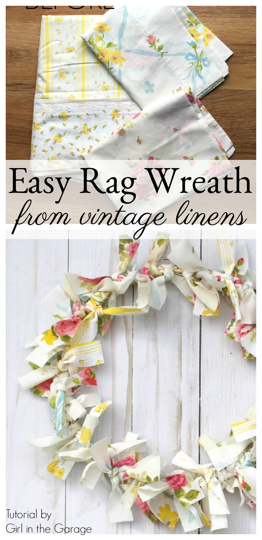 Make an easy DIY rag wreath for spring with vintage fabric - Step-by-step tutorial by Girl in the Garage