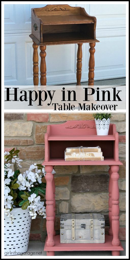 This updated telephone table was rescued from the thrift store and painted pink Chalk Paint. Now it's happy and living its best life. By Girl in the Garage