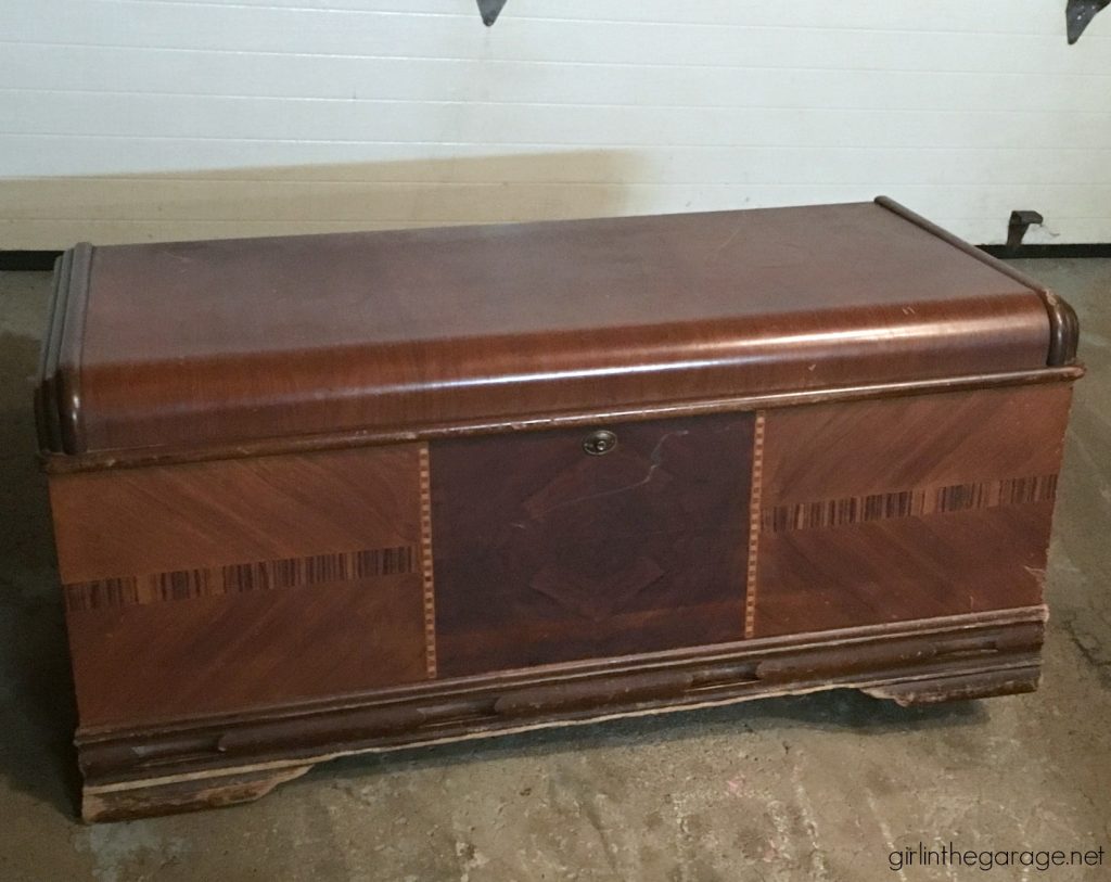 Repurposed cedar chest lid to modern farmhouse bench - DIY tutorial by Girl in the Garage