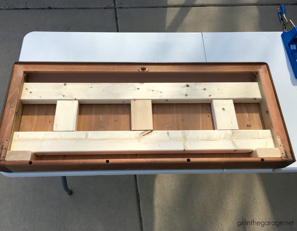 Repurposed cedar chest lid to modern farmhouse bench - DIY tutorial by Girl in the Garage