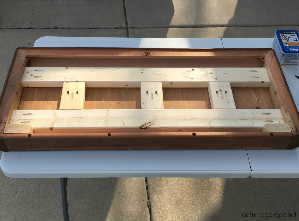 Repurposed cedar chest lid to modern farmhouse bench - DIY tutorial by Girl in the Garage