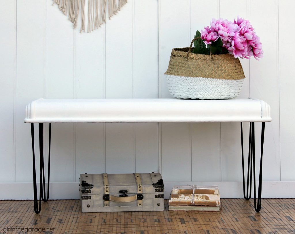 Repurposed cedar chest lid to modern farmhouse bench - DIY tutorial by Girl in the Garage