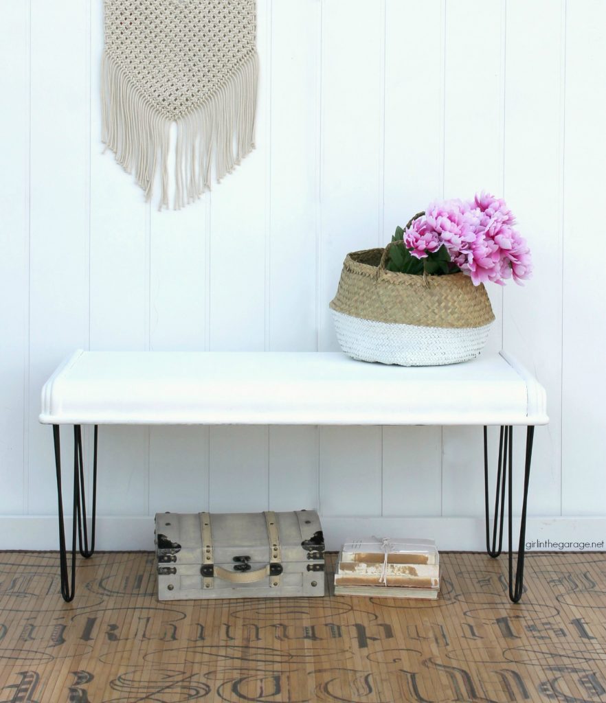 Repurposed cedar chest lid to modern farmhouse bench - DIY tutorial by Girl in the Garage