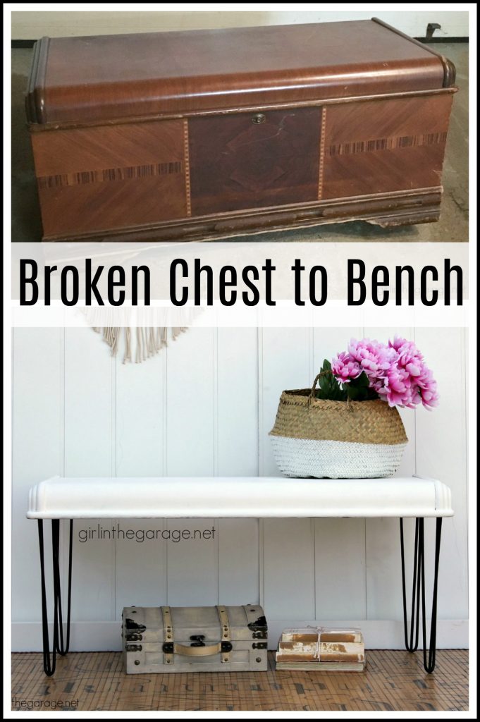 Repurposed cedar chest lid to modern farmhouse bench - DIY tutorial by Girl in the Garage