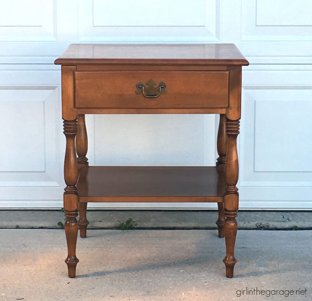 Ethan Allen nightstand makeover to charming stenciled table. DIY furniture makeover tutorial by Girl in the Garage.