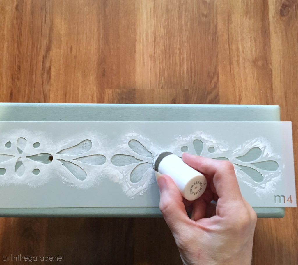 Ethan Allen nightstand makeover to charming stenciled table. DIY furniture makeover tutorial by Girl in the Garage.