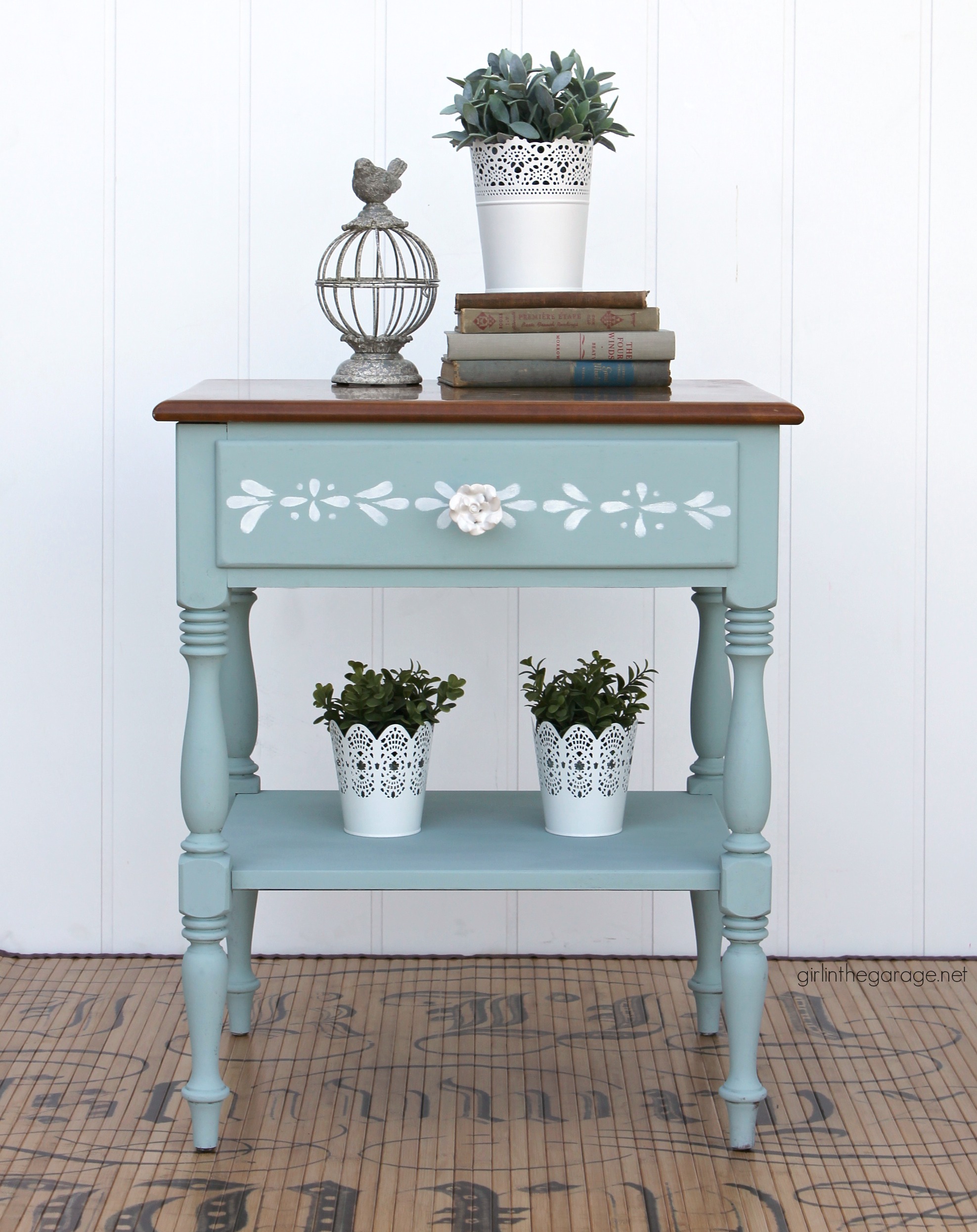 Charming painted Ethan Allen nightstand - from yard sale to charming stenciled table with Chalk Paint. By Girl in the Garage