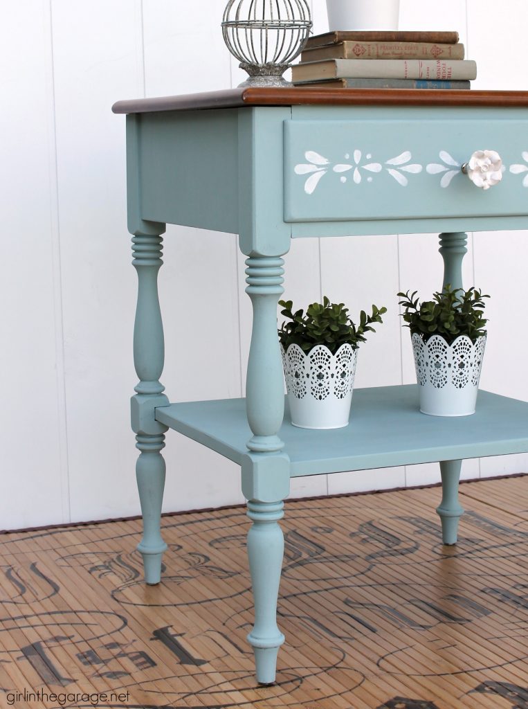 Charming painted Ethan Allen nightstand - from yard sale to charming stenciled table with Chalk Paint. By Girl in the Garage