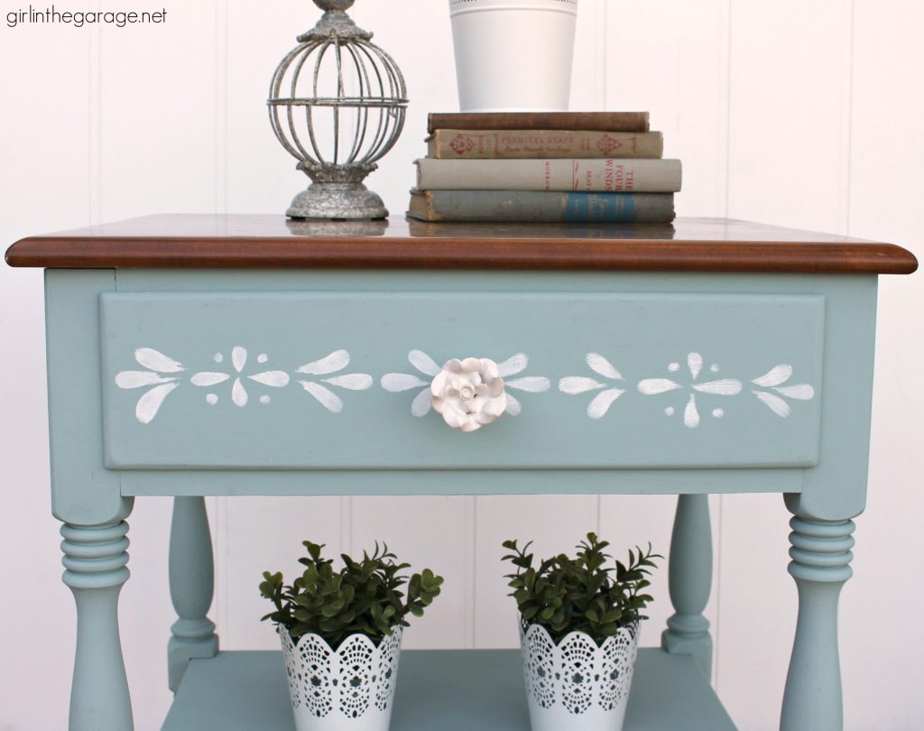 Charming painted Ethan Allen nightstand - from yard sale to charming stenciled table with Chalk Paint. By Girl in the Garage