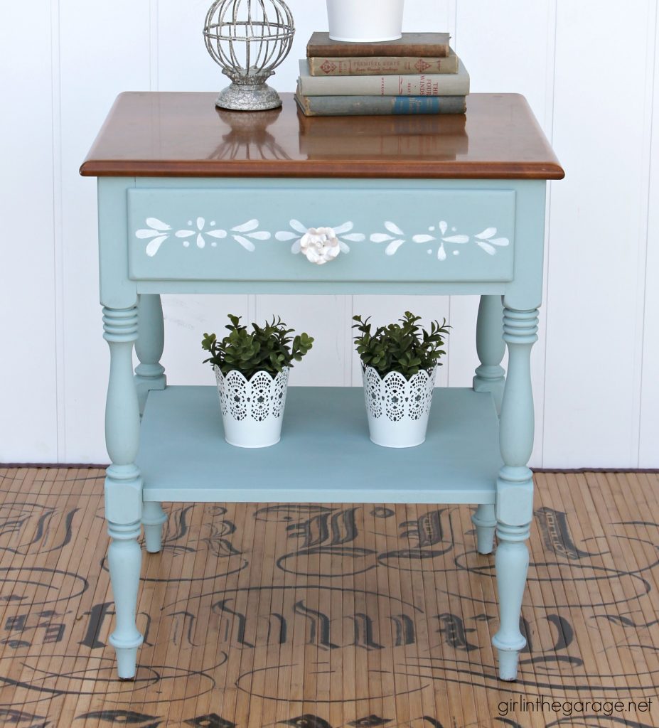 Charming painted Ethan Allen nightstand - from yard sale to charming stenciled table with Chalk Paint. By Girl in the Garage