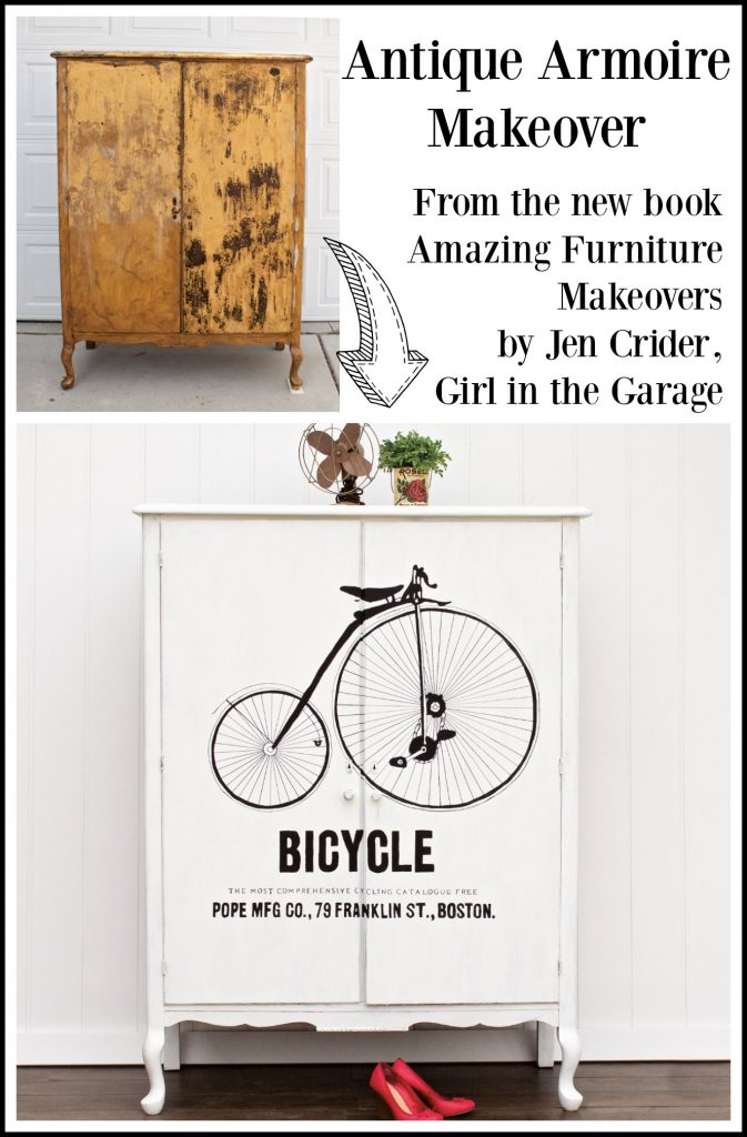 Antique armoire makeover with image transfer from Amazing Furniture Makeovers book by Girl in the Garage