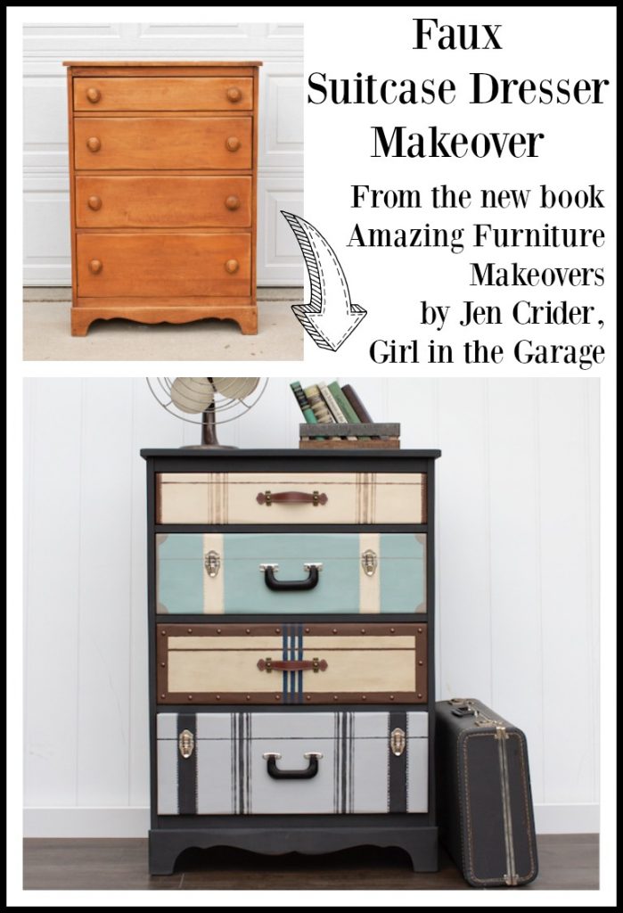 Faux suitcase dresser makeover featured in the book Amazing Furniture Makeovers by Jen, Girl in the Garage