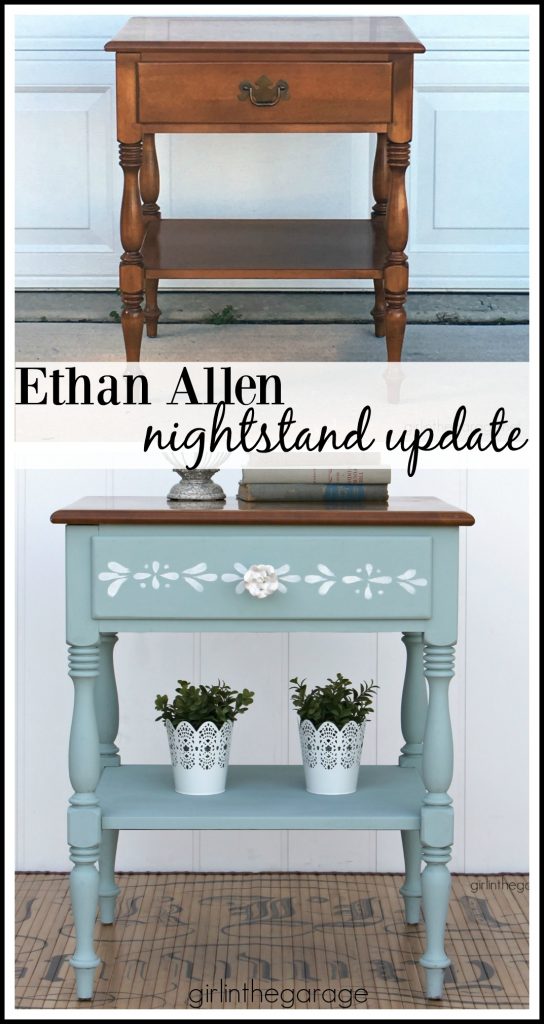 Charming painted Ethan Allen nightstand - from yard sale to charming stenciled table with Chalk Paint. By Girl in the Garage